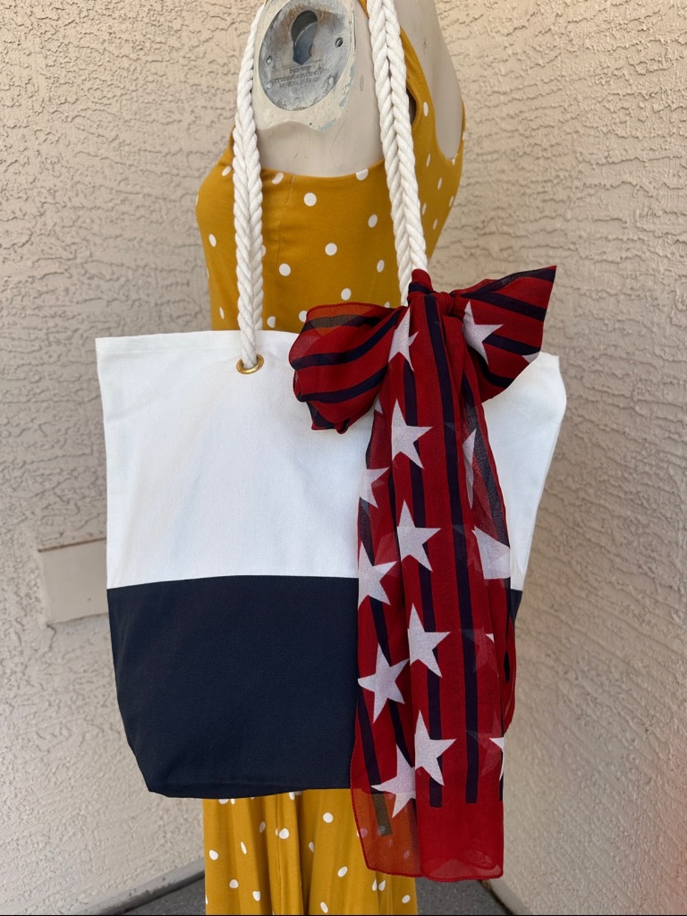 Two-Tone White and Navy Canvas Tote with Nautical Rope Handles